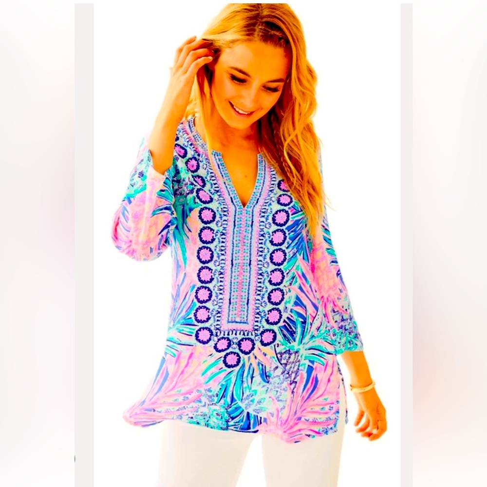 NWT Lilly Pulitzer beaded silk tunic top short blouse Renato size XXS